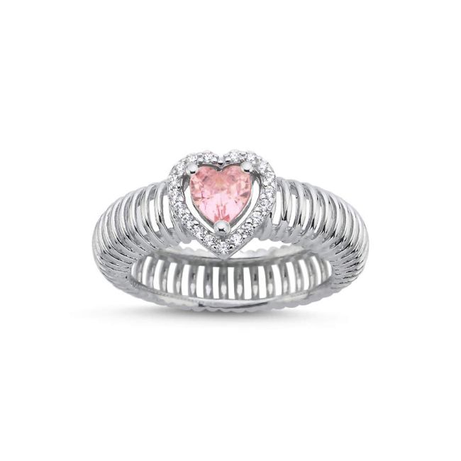 Pink Kalp Tektaş Akordiyon Kadın Gümüş Yüzük - 1