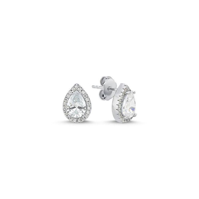 Drop Solitaire Silver Women's Earrings with Stones Around - 1