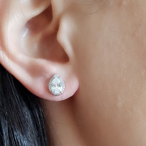 Drop Solitaire Silver Women's Earrings with Stones Around - 2