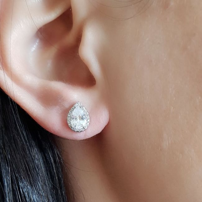 Drop Solitaire Silver Women's Earrings with Stones Around - 2