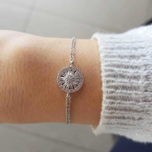 Trapez Baget Taşlı Yuvarlak Kadın Gümüş Bileklik - CNG Jewels