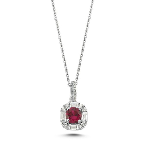 Ruby Baguette Stone Design Women's Silver Necklace - CNG Jewels