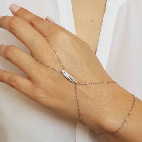Small Feather Silver Shahmaran Bracelet with Stones - 1