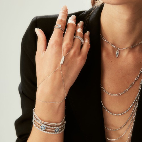 Small Feather Silver Shahmaran Bracelet with Stones - 2
