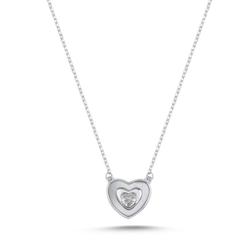 Sedef Taşlı Kalp Tektaş Gümüş Kadın Kolye - CNG Jewels