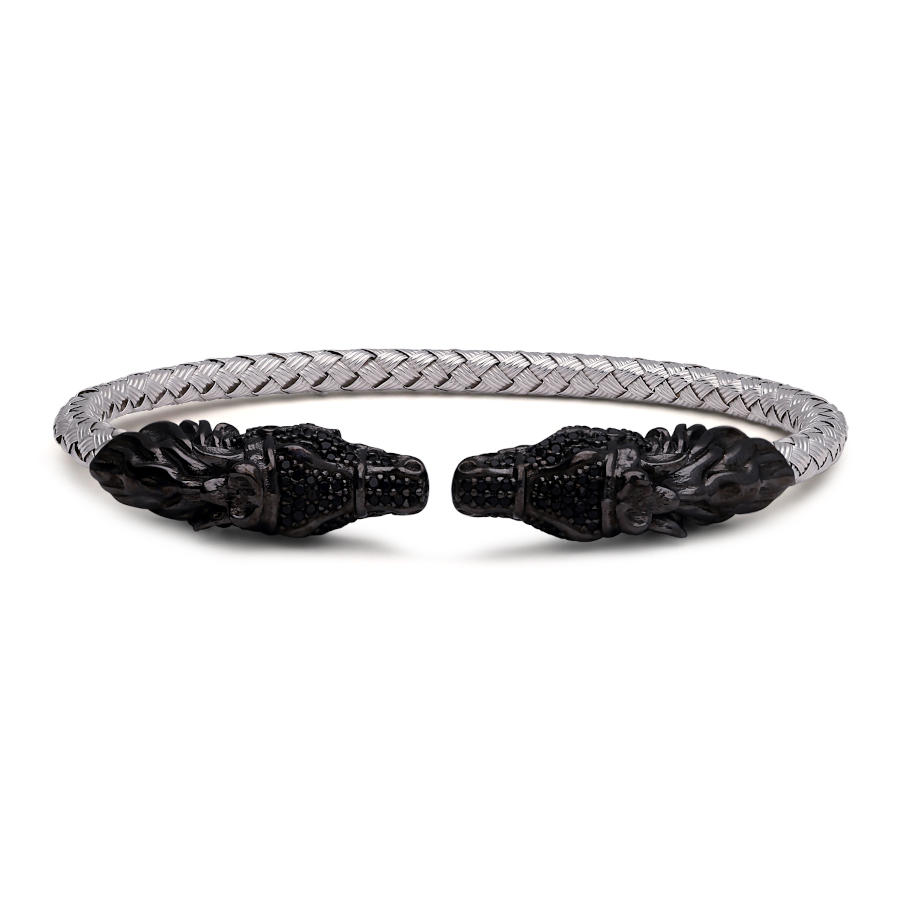 Siyah At Motifli Beyaz Hasır Örgü Gümüş Erkek Bilekliği - CNG Jewels (1)