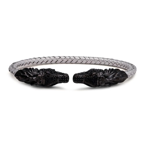 Siyah At Motifli Beyaz Hasır Örgü Gümüş Erkek Bilekliği - CNG Jewels (1)
