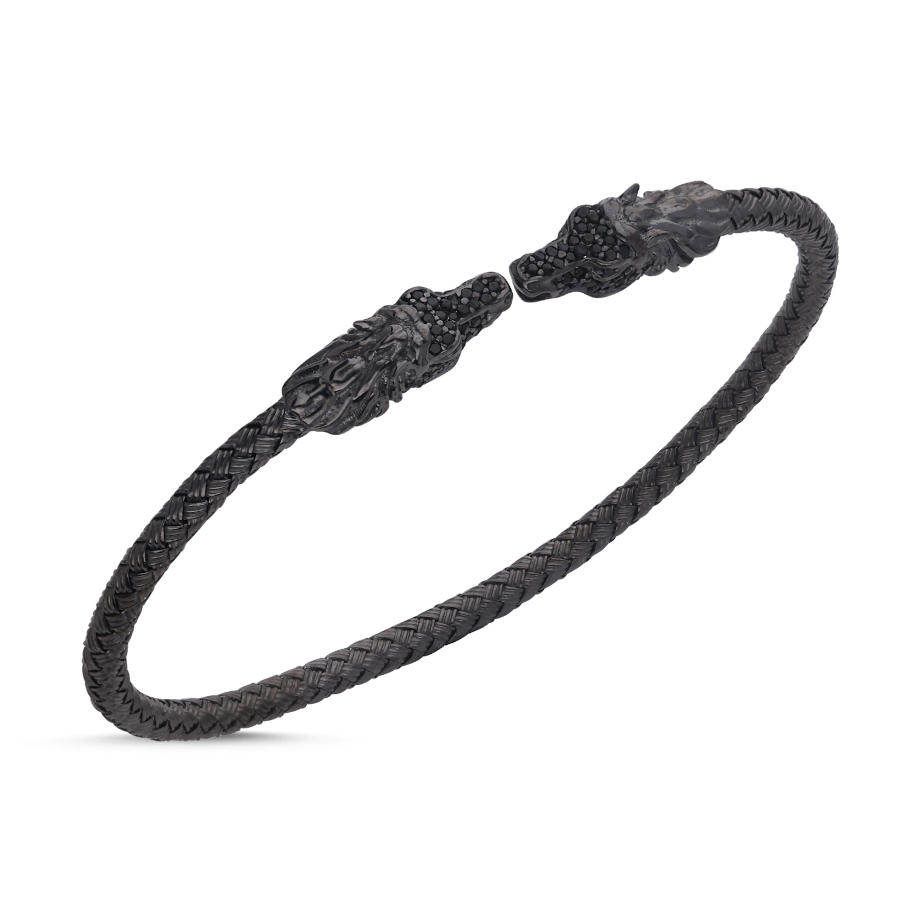 Siyah At Motifli Hasır Örgü Gümüş Erkek Bilekliği - CNG Jewels