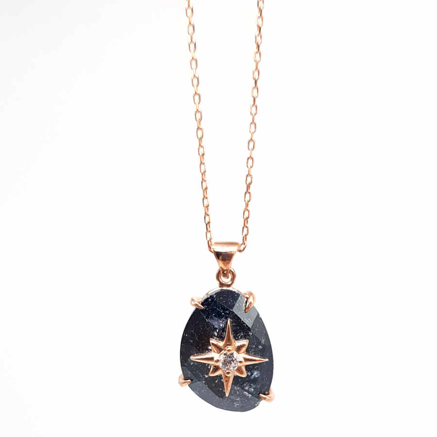 Black Ice Quartz Stone Polar Star Rosegold Silver Women's Necklace - CNG Jewels