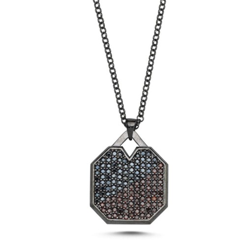Siyah Kanyak Oktagon Plaka Tasarım Gümüş Erkek Kolye - CNG Jewels
