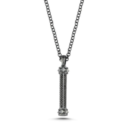 Siyah Taşlı Altıgen Tasarım Çubuk Gümüş Erkek Kolye - CNG Jewels