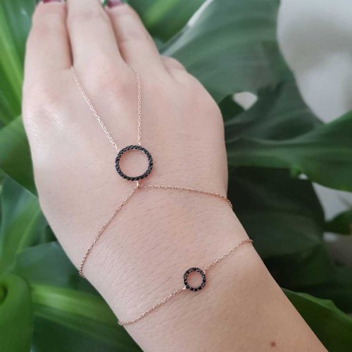 Siyah Taşlı İki Halkalı Gümüş Şahmeran Bileklik - CNG Jewels