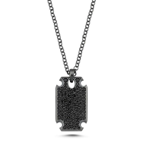 Siyah Taşlı Night Tasarım Plaka Gümüş Erkek Kolye - CNG Jewels