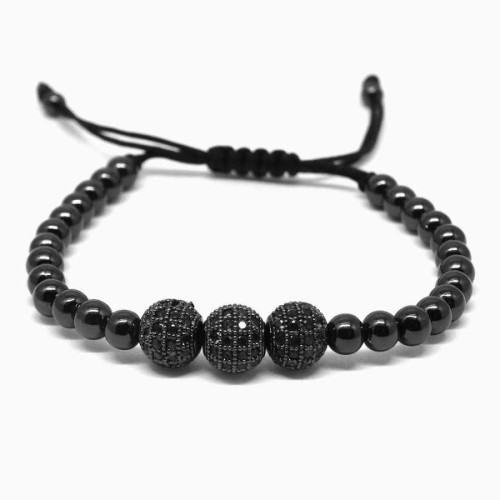 Siyah Taşlı Siyah Toplu Makrome Çelik Erkek Bileklik - CNG Jewels