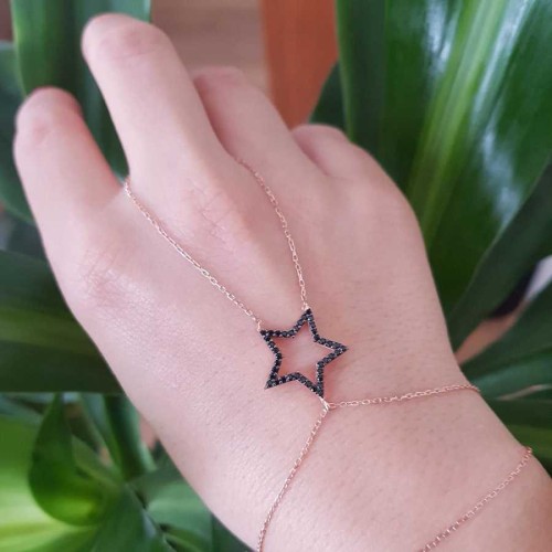 Siyah Taşlı Yıldız Gümüş Şahmeran Bileklik - CNG Jewels