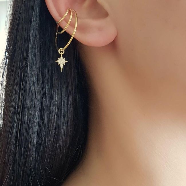 Strained Three-Ring Pole Star Gold Silver Women's Cartilage Earrings - 1