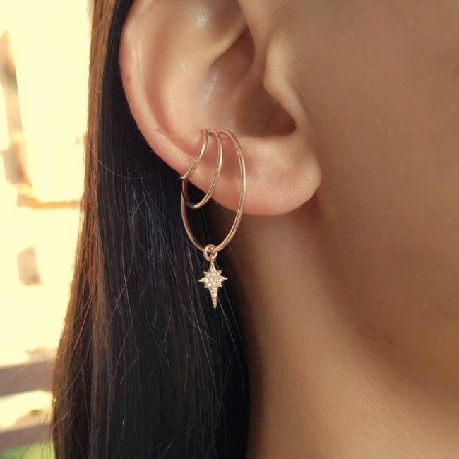 Three-Ring Pole Star Rosegold Silver Women's Cartilage Earrings - 1