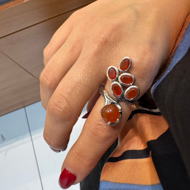 Designed Agate Stone Tree Branch Women's Silver Ring - 2