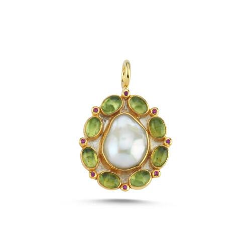 Tasarım Barok İnci Doğal Peridot Gümüş Kolye Ucu - CNG Jewels