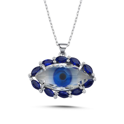 Tasarım Büyük Blue Mavi Göz Kadın Gümüş Kolye - CNG Jewels
