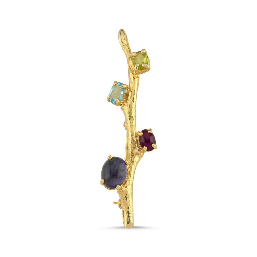 Tasarım Doğal Taşlı Ağaç Dalı Gümüş Broş - CNG Jewels