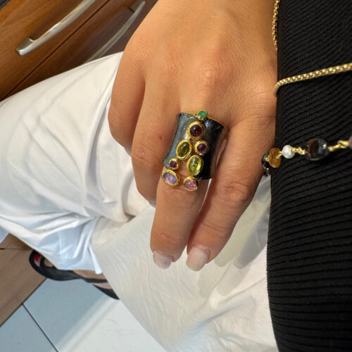 Design Zipper Mix Natural Stone Women's Silver Ring - 2