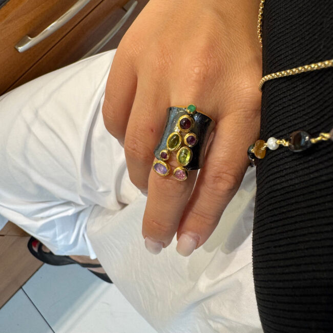 Design Zipper Mix Natural Stone Women's Silver Ring - 2