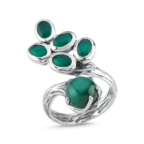 Design Jade Stone Tree Branch Women's Silver Ring - 1