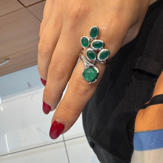 Design Jade Stone Tree Branch Women's Silver Ring - 2