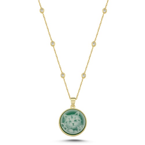 Tasarım Kedi İşlemeli Yeşil Taşlı Gümüş Kolye - CNG Jewels