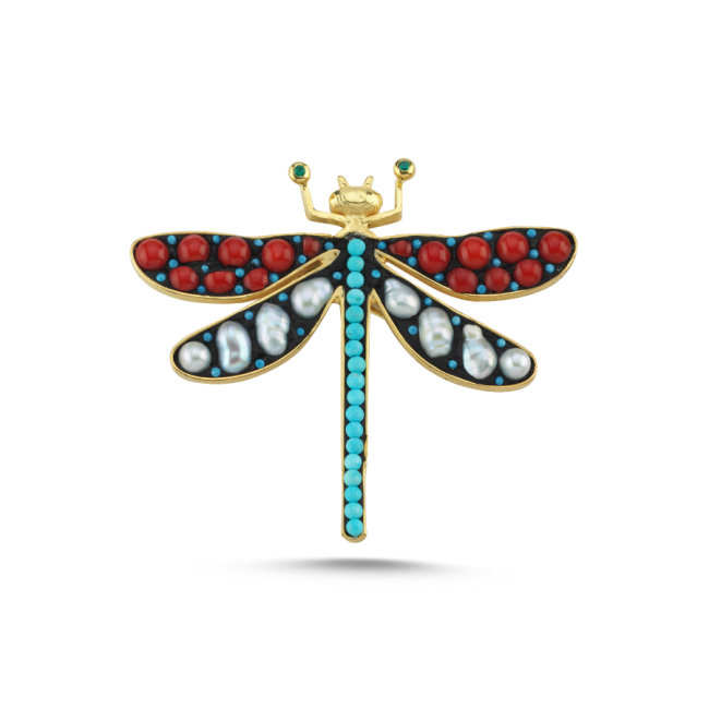 Design Coral Pearl Turquoise Stone Dragonfly Silver Brooch - 1