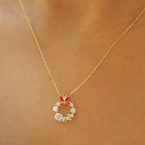 Design Stone Pearl Red Butterfly Silver Women's Necklace - 2