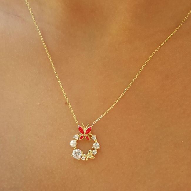 Design Stone Pearl Red Butterfly Silver Women's Necklace - 2