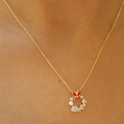 Design Stone Pearl Red Butterfly Silver Women's Necklace - 3