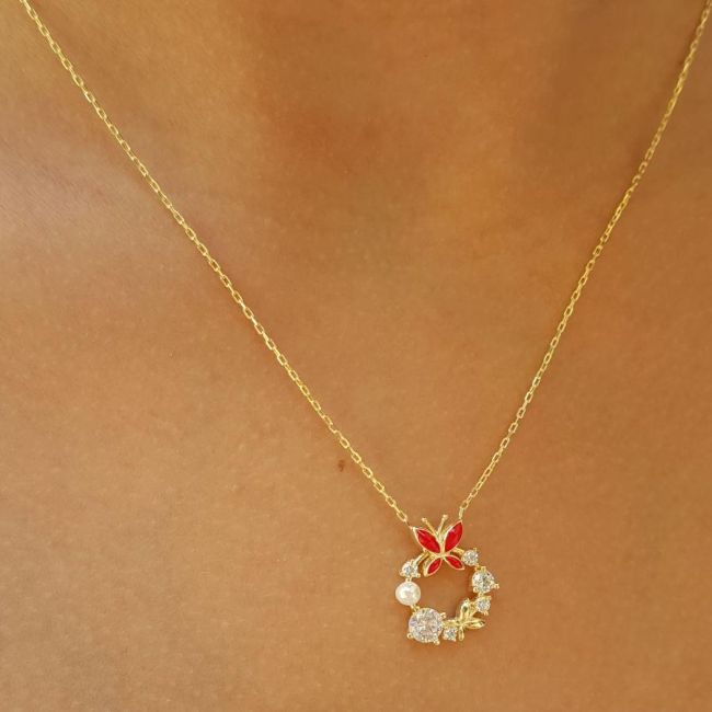 Design Stone Pearl Red Butterfly Silver Women's Necklace - 3