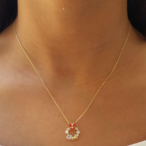 Tasarım Taşlı İncili Kırmızı Kelebek Gümüş Kadın Kolye - CNG Jewels