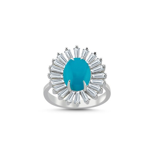 Designed Turquoise Stone Daisy Women's Silver Ring - CNG Jewels
