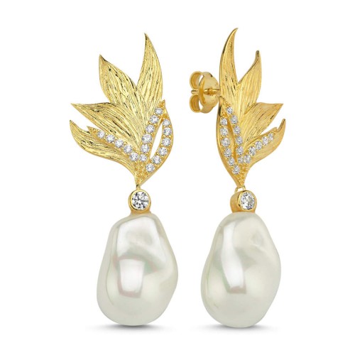 Design Leaf Dangle Amorphous Pearl Women's Silver Earrings - CNG Jewels