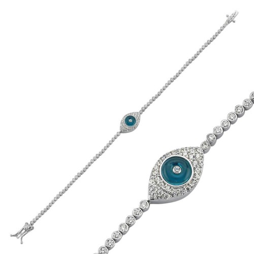 Taşlı Badem Cam Göz Kadın Su Yolu Gümüş Bileklik - CNG Jewels