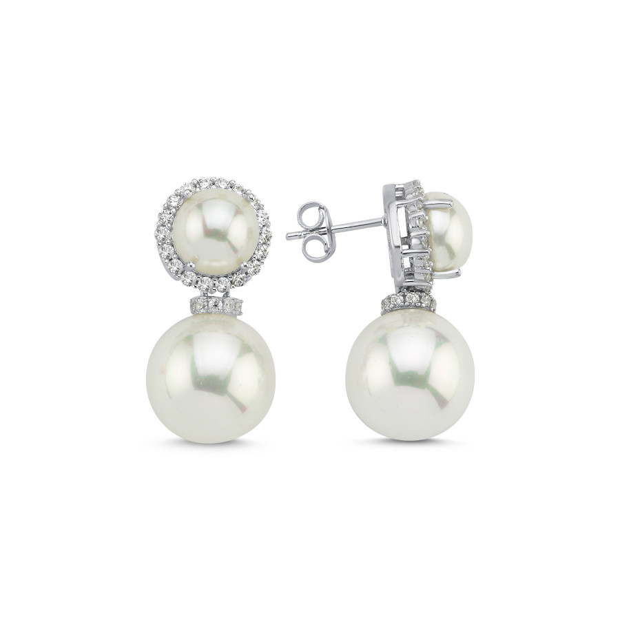 Taşlı Sallantılı Top İnci Kadın Gümüş Küpe - CNG Jewels