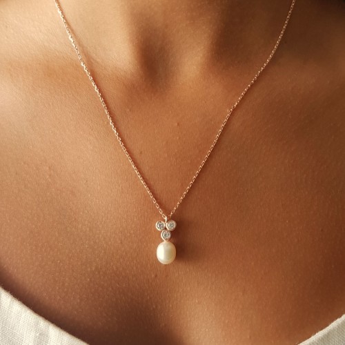 Stone Tria Drop Real Pearl Rose Women's Silver Necklace - CNG Jewels (1)
