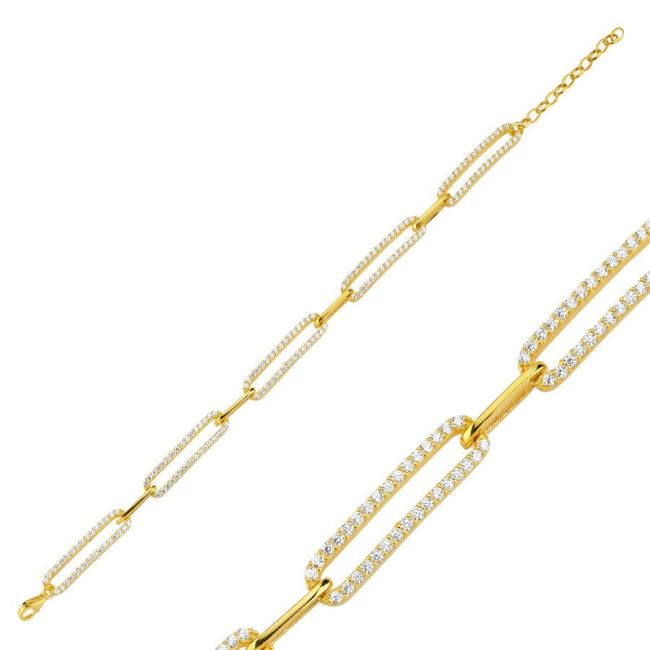Taşlı Uzun Ataş Zincir Gold Gümüş Bileklik - 1