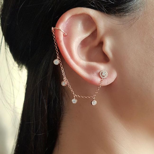 Solitaire Chain Cartilage Cuff Rose Silver Women's Earrings with Stones - 1