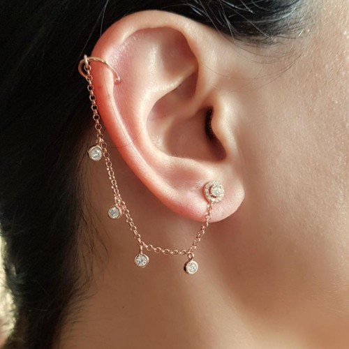 Solitaire Chain Cartilage Cuff Rose Silver Women's Earrings with Stones - 2