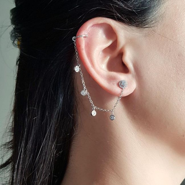 Solitaire Chain Cartilage Cuff Silver Women's Earrings with Stones - 2