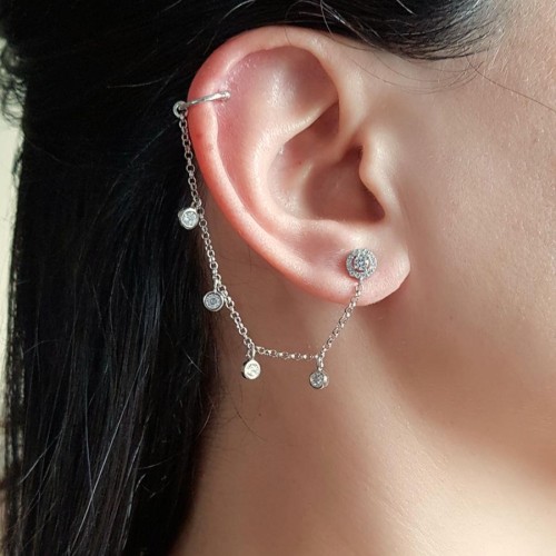 Tektaş Zincir Araları Taşlı Kıkırdak Cuff Gümüş Kadın Küpe - CNG Jewels