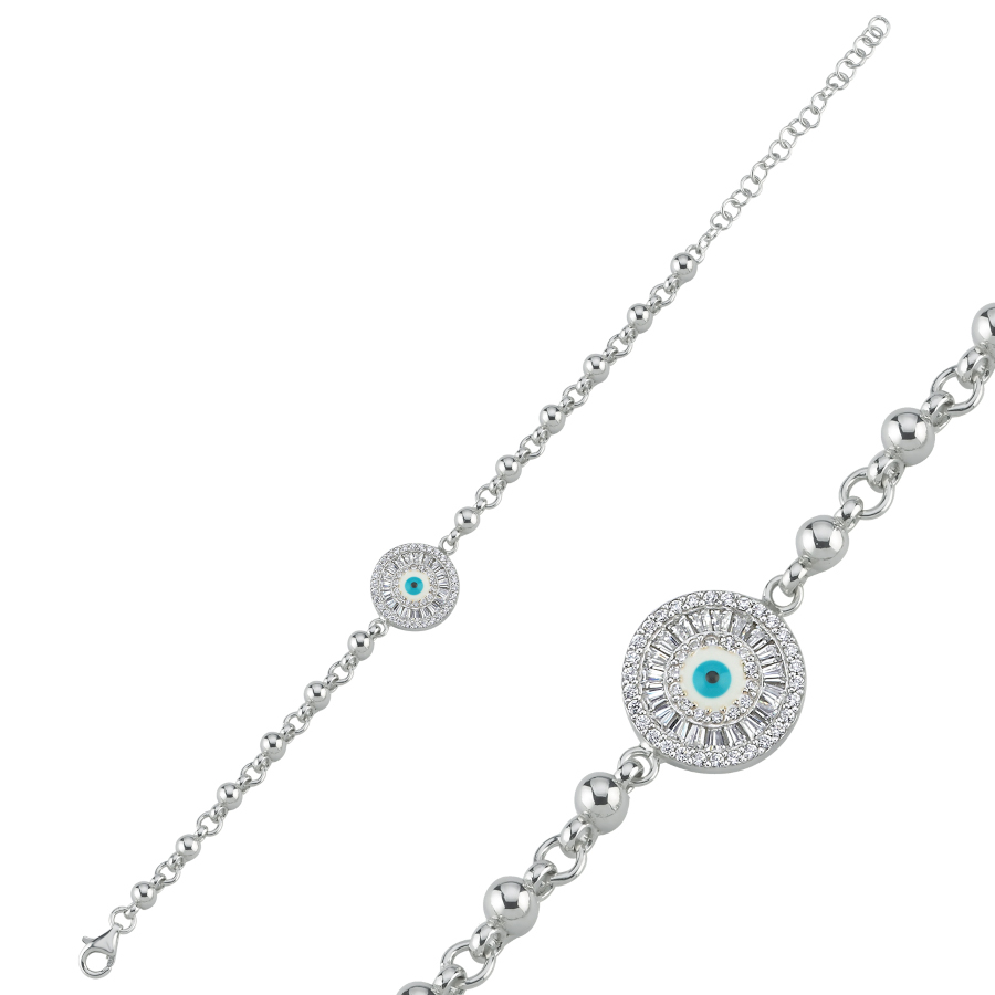 Trapezli Nazar Boncuğu Zincir Gümüş Bileklik - CNG Jewels