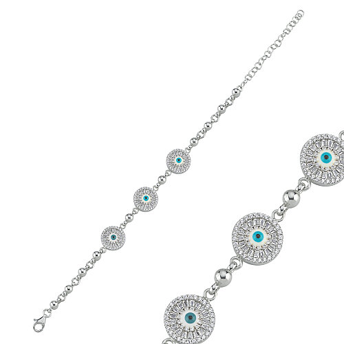 Trapezli Üçlü Nazar Boncuğu Zincir Gümüş Bileklik - CNG Jewels
