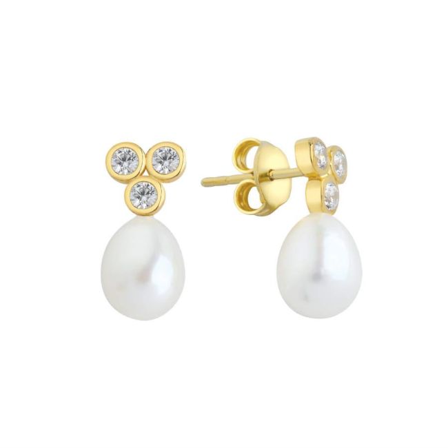 Gold Silver Women's Earrings with Tria Stone and Natural Drop Pearls - 1