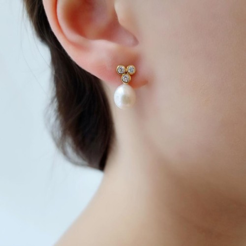 Gold Silver Women's Earrings with Tria Stone and Natural Drop Pearls - 2